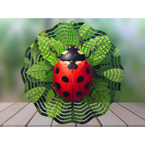 SBEMP Ladybug 10 Inch Metal Wind Spinner, Kinetic Garden Decor, Outdoor Hanging Wind Spinner