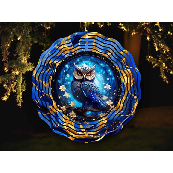 SBEMP Magical Owl 10 Inch Metal Wind Spinner, Mystical Blue Celestial Kinetic Garden Decor, Outdoor Hanging Wind Spinner