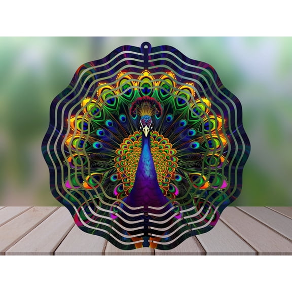 SBEMP Peacock 10 Inch Metal Wind Spinner, Colorful Kinetic Garden Decor, Outdoor Hanging Wind Spinner