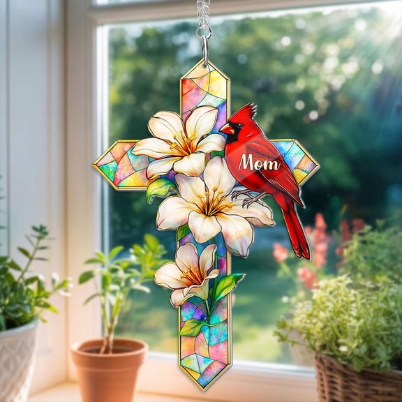 SBEMP Personalized Cardinal With Cross Memorial Acrylic Suncatcher, In Loving Memory Gift, Sympathy Gift for Loss of Mom, Remembrance Gift
