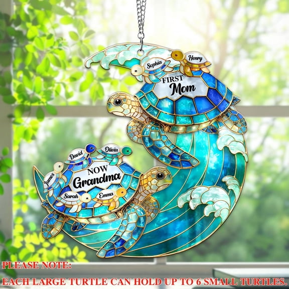 SBEMP Personalized Faux Stained Glass Turtle First Mom Now Grandma Acrylic Suncatcher, Custom Name Sea Turtle Window Hanging, Mom/ Grandma Gift