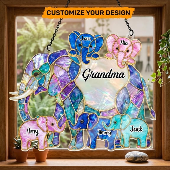 SBEMP Personalized Grandma Elephant Acrylic Suncatcher, Custom Grandkids Elephant Hanging, Family Elephant Gift, Grandma Keepsake