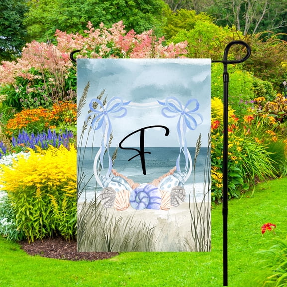 SBEMP Personalized Monogram Beach Garden Flag Custom Initial Seashell Crest Coastal Bow Yard Decor