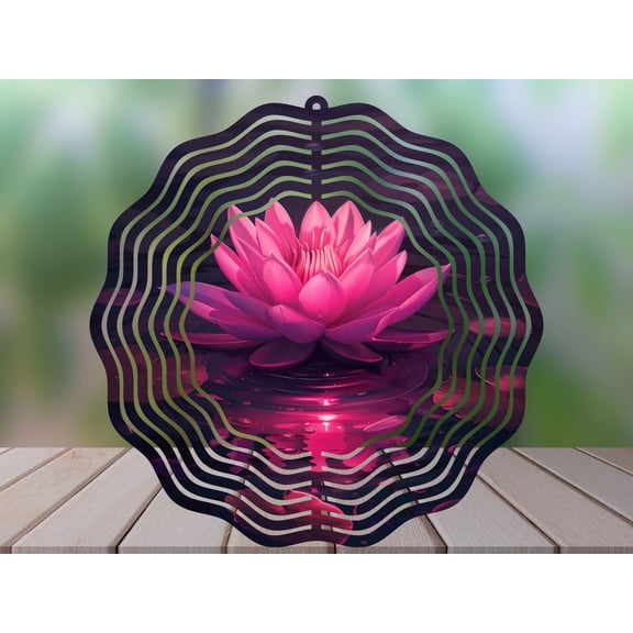 SBEMP Pink Lotus Flower 10 Inch Metal Wind Spinner, Kinetic Garden Decor, Outdoor Hanging Wind Spinner