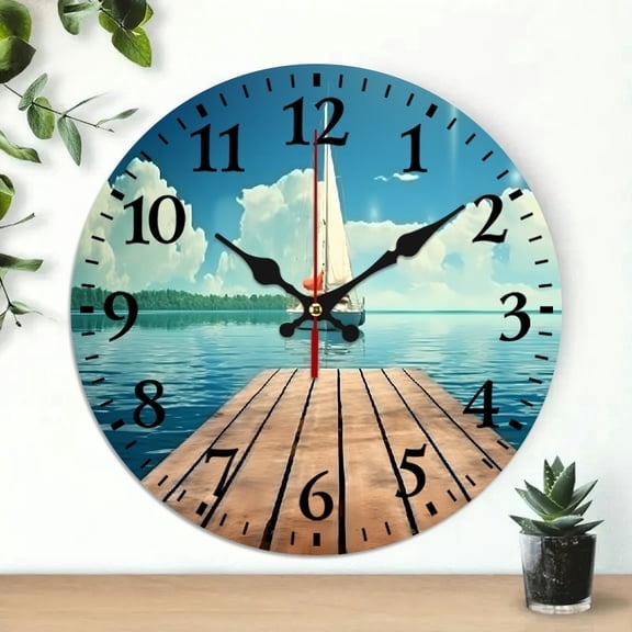 SBEMP Sailboat Water Pier Theme 10-Inch Wooden Wall Clock for Living Rooms, Kitchens, Dorms - Practical Everyday Gift 10x10in