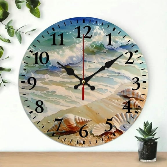 SBEMP Shells Beach Waves 10-Inch Battery Operated Wall Clock for Living Room Decor 10x10in