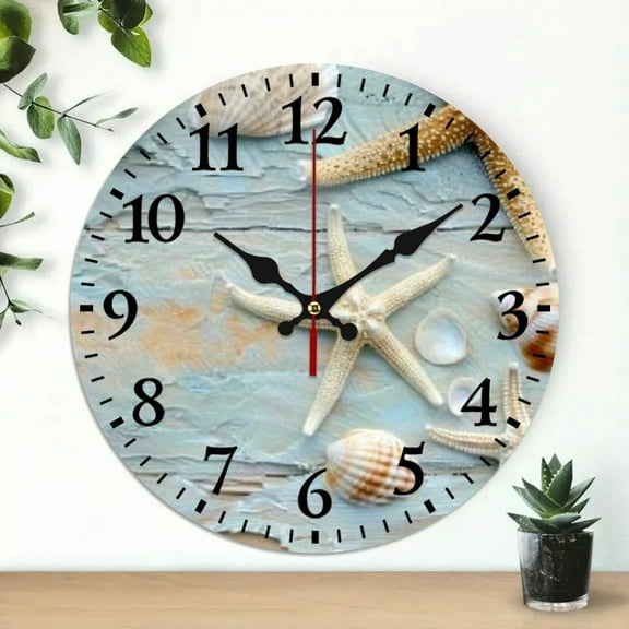 SBEMP Starfish Shells Beach Wall Clock 10 Inches, Silent Decorative Clock for Living Room, Kitchen, Dorms, Perfect Everyday Gift 10x10in