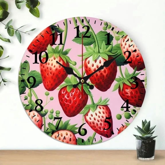 SBEMP Strawberries Round Wooden Wall Clock for Home Decor - Wall Hanging Decor Perfect for Living Rooms, Kitchens, Dorms - Practical Everyday Gifts 10x10in