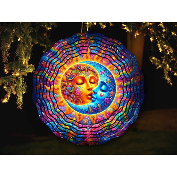 SBEMP Sun And Moon 10 Inch Metal Wind Spinner, Celestial Hippie Psychedelic Kinetic Garden Decor, Outdoor Hanging Wind Spinner