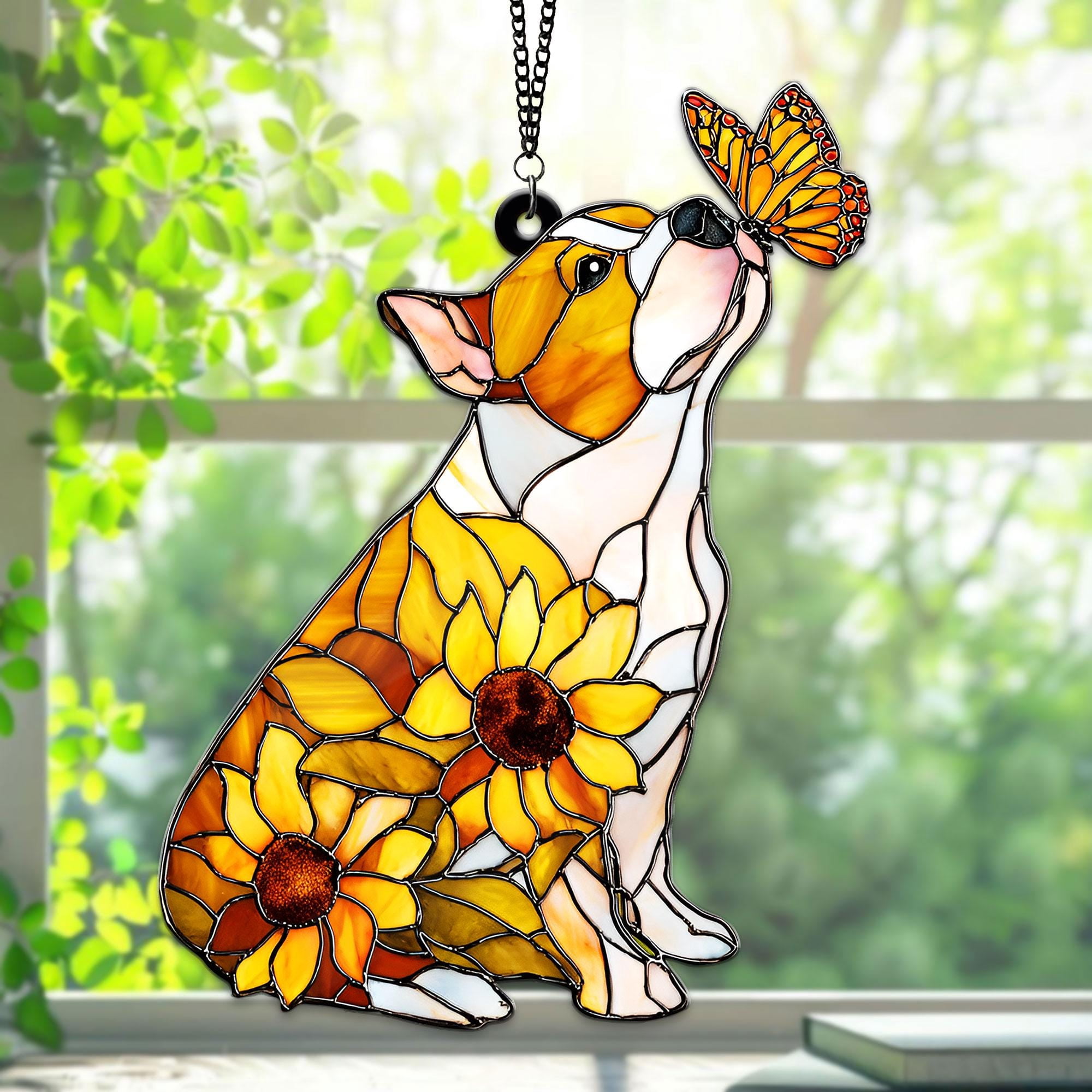 SBEMP Sunflower Pitbull Dog Faux Stained Glass Acrylic Suncatcher, Pitbull Dog Butterfly & Flowers Window Hanging Pet Memorial Decor