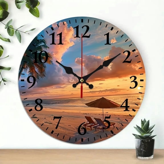 SBEMP Sunset Palm Tree Theme 10-Inch Wooden Wall Clock for Living Rooms, Kitchens, Dorms - Practical Everyday Gift 10x10in