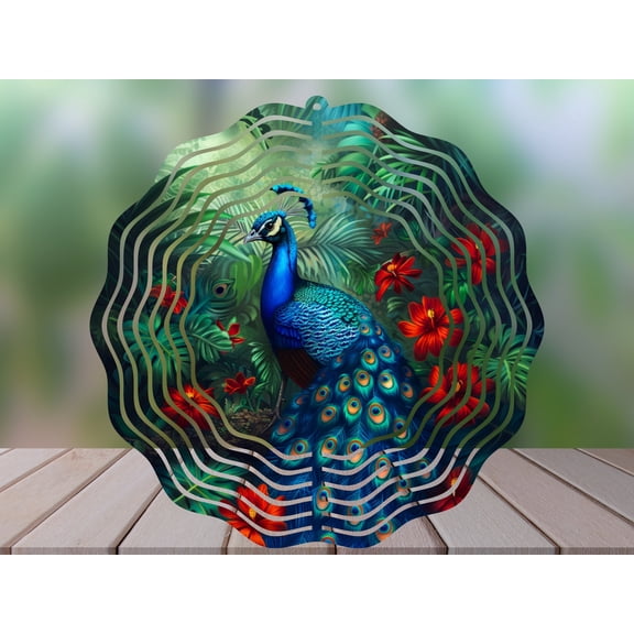 SBEMP Tropical Peacock 10 Inch Metal Wind Spinner, Kinetic Garden Decor, Outdoor Hanging Wind Spinner
