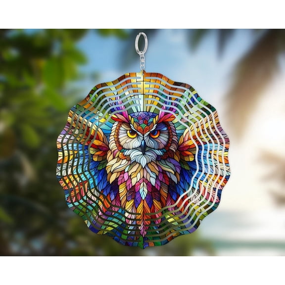 SBEMP Vibrant Owl Wind Spinner: Colorful Faux Stained Glass, 10-inch