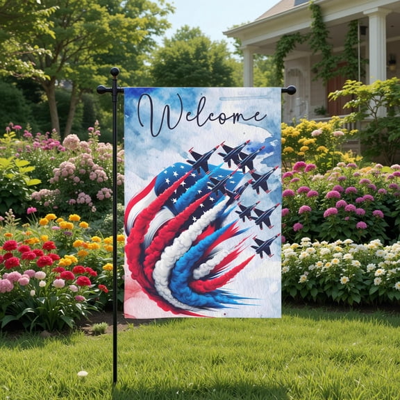 SBEMP Welcome Patriotic Jets Garden Flag 12x1 Red White Blue Sublimation Double Sided
