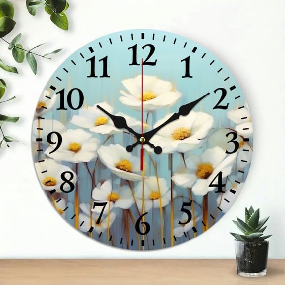 SBEMP White Flowers Wall Clock, Silent Mechanical Movement, Ideal for Living Rooms, Kitchens, Dorms, Decor & Everyday Gifts, 10 Inches 10x10in