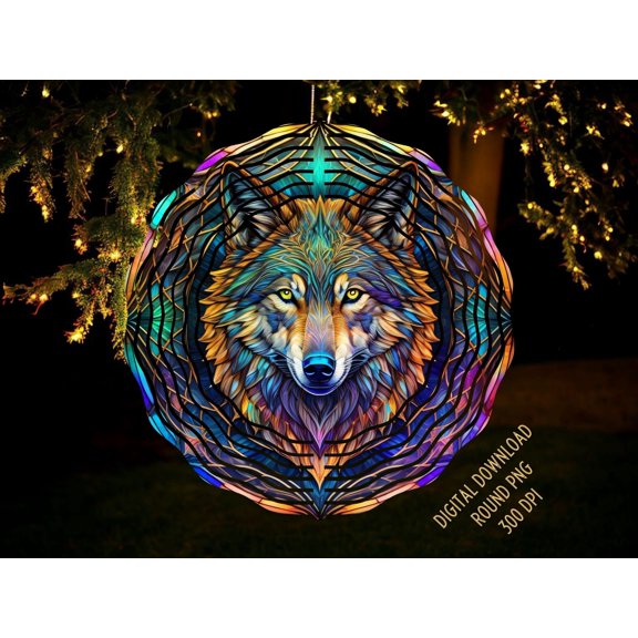 SBEMP Wolf Colorful 10 Inch Metal Wind Spinner, Stained Glass Style Kinetic Garden Decor, Outdoor Hanging Wind Spinner