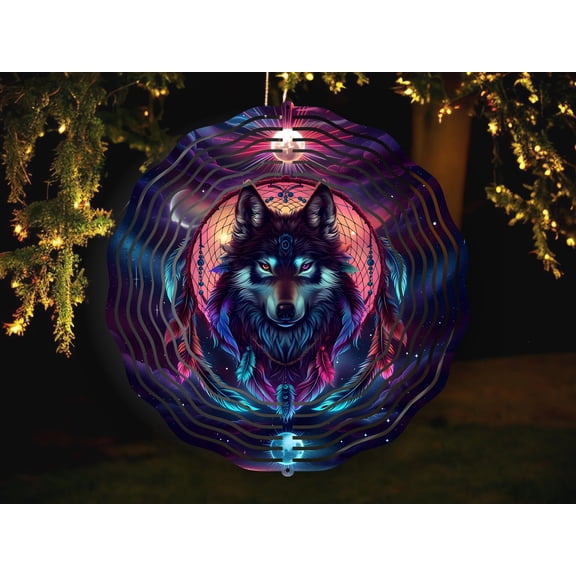 SBEMP Wolf Dreamcatcher 10 Inch Metal Wind Spinner, Native Style Kinetic Garden Decor, Outdoor Hanging Wind Spinner