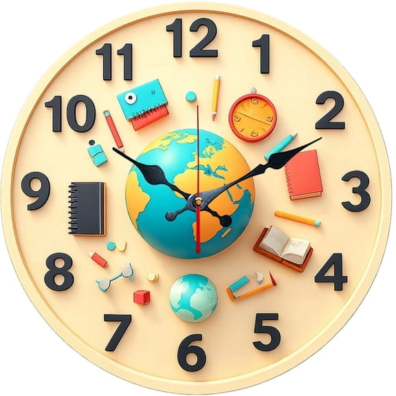 SBEMP10 Inch Silent Wall Clock, 3D Cartoon Globe School Supplies Decorative Wall Clock, Battery Operated Non-Ticking Round Clock for s Room Classroom Study Home Decor