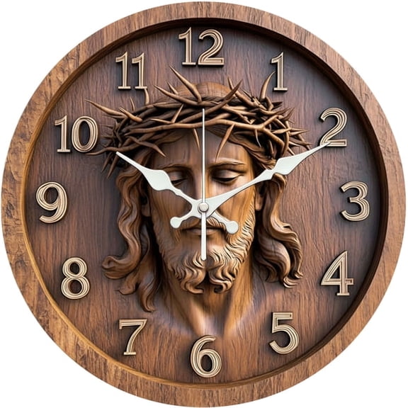 SBEMP10 Inch Silent Wall Clock, 3D Carved Wood Jesus Crown of Thorns Decorative Wall Clock, Battery Operated Non-Ticking Round Clock for Living Room Bedroom Religious Home Decor