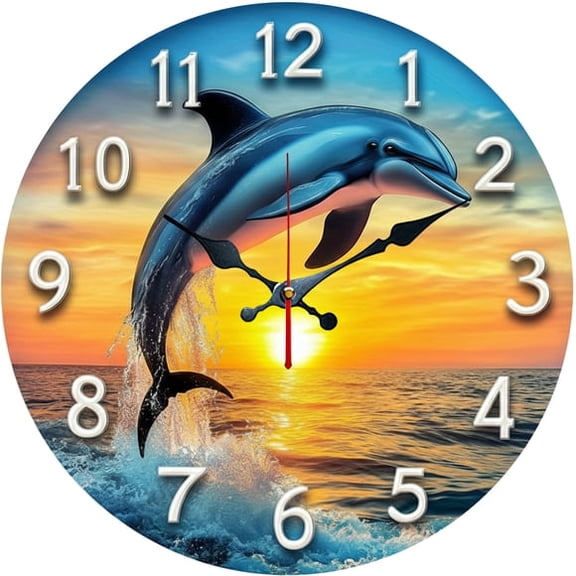 SBEMP10 Inch Silent Wall Clock, 3D Dolphin Sunset Wave Decorative Wall Clock, Battery Operated Non-Ticking Round Clock for Living Room Bedroom Ocean Home Decor