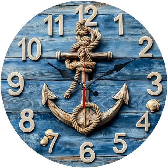 SBEMP10 Inch Silent Wall Clock, 3D Embossed Anchor Rope Decorative Wall Clock, Battery Operated Non-Ticking Round Clock for Living Room Bedroom Bathroom Home Decor