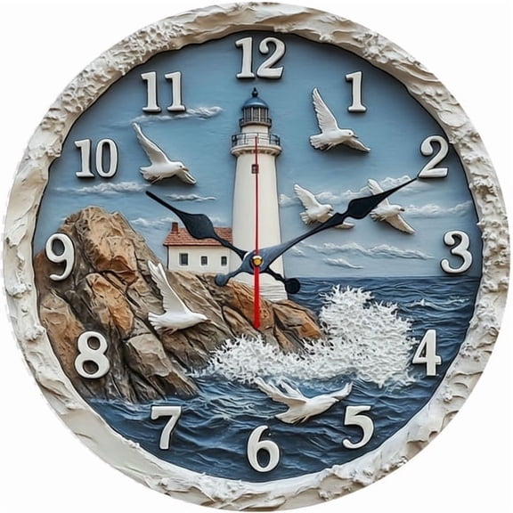 SBEMP10 Inch Silent Wall Clock, 3D Embossed Lighthouse Seagull Decorative Wall Clock, Battery Operated Non-Ticking Round Clock for Living Room Bedroom Bathroom Home Decor