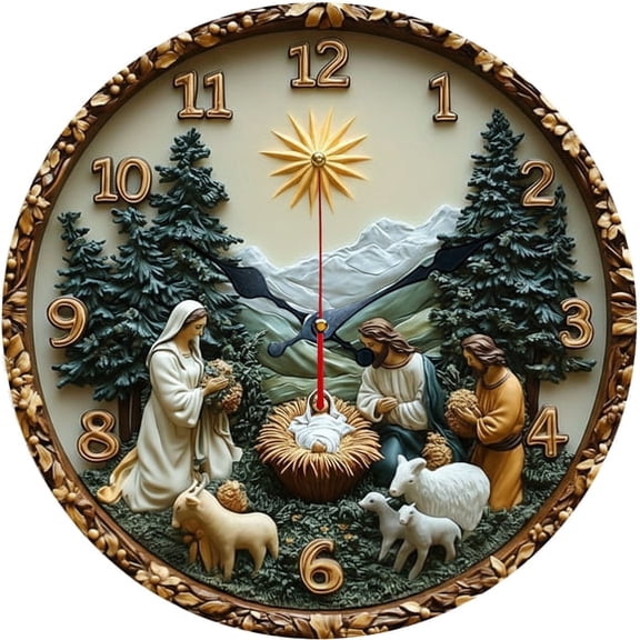 SBEMP10 Inch Silent Wall Clock, 3D Embossed Nativity Scene Decorative Wall Clock, Battery Operated Non-Ticking Round Clock for Living Room Bedroom Prayer Room Home Decor