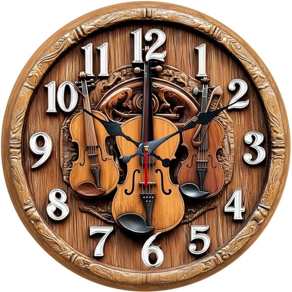 SBEMP10 Inch Silent Wall Clock, 3D Embossed Violin Solid Wood Decorative Wall Clock, Battery Operated Non-Ticking Round Clock for Living Room Bedroom Music Room Home Decor