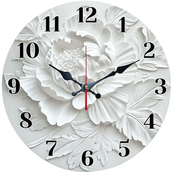 SBEMP10 Inch Silent Wall Clock, 3D Relief White Peony Decorative Wall Clock, Battery Operated Non-Ticking Round Clock for Living Room Bedroom Floral Home Decor