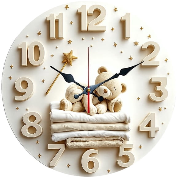 SBEMP10 Inch Silent Wall Clock, 3D Sleeping Teddy Bear Magic Wand Decorative Wall Clock, Battery Operated Non-Ticking Round Clock for Living Room Bedroom Nursery Home Decor