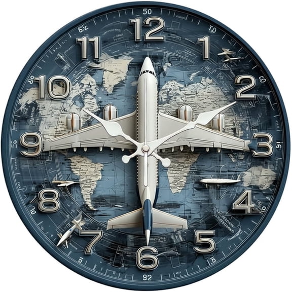 SBEMP10 Inch Silent Wall Clock, Airplane World Map Decorative Wall Clock, Battery Operated Non-Ticking Round Clock for Living Room Bedroom Pilot Home Decor