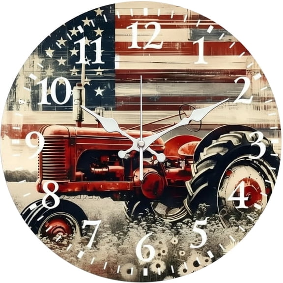 SBEMP10 Inch Silent Wall Clock, American Flag Tractor Vintage Decorative Wall Clock, Battery Operated Non-Ticking Round Clock for Living Room Bedroom Farm Home Decor