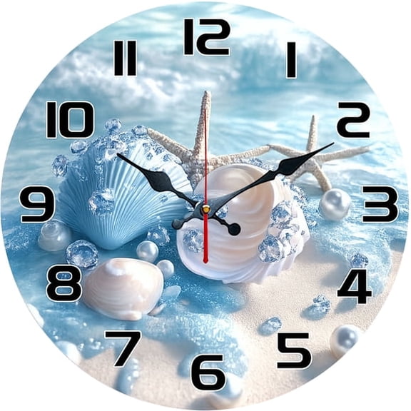 SBEMP10 Inch Silent Wall Clock, Beach Seashell Pearl Starfish Decorative Wall Clock, Battery Operated Non-Ticking Round Clock for Living Room Bedroom Coastal Home Decor