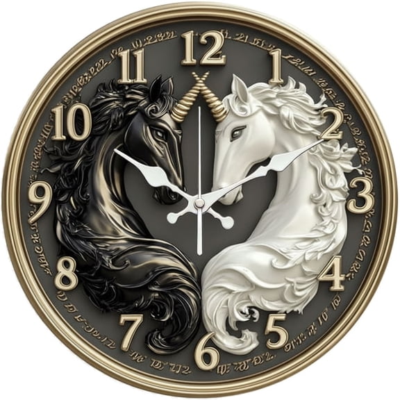 SBEMP10 Inch Silent Wall Clock, Black White Unicorn Yin Yang Decorative Wall Clock, Battery Operated Non-Ticking Round Clock for Living Room Bedroom Fantasy Home Decor