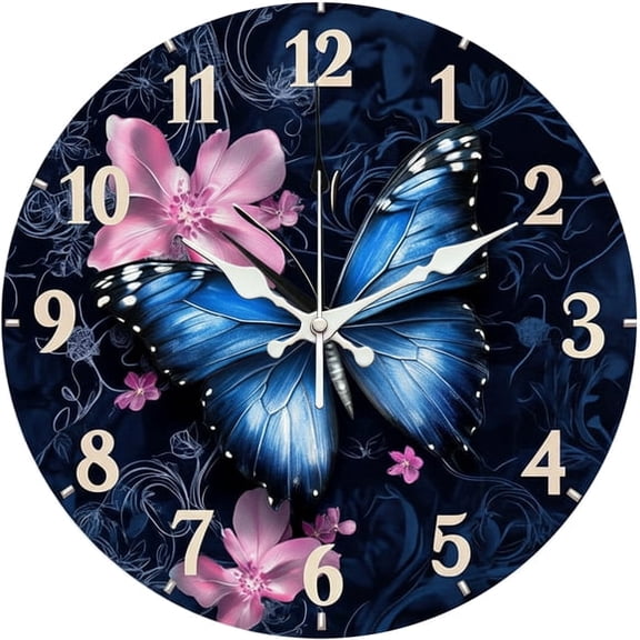 SBEMP10 Inch Silent Wall Clock, Blue Butterfly Pink Flower 3D Decorative Wall Clock, Battery Operated Non-Ticking Round Clock for Living Room Bedroom Floral Home Decor