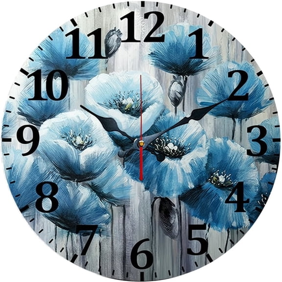 SBEMP10 Inch Silent Wall Clock, Blue Floral Oil Painting Decorative Wall Clock, Battery Operated Non-Ticking Round Clock for Living Room Bedroom Office Home Decor