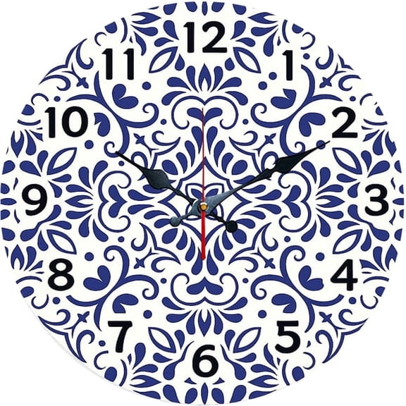 SBEMP10 Inch Silent Wall Clock, Blue White Porcelain Floral Pattern Decorative Wall Clock, Battery Operated Non-Ticking Round Clock for Living Room Bedroom Chinese Home Decor