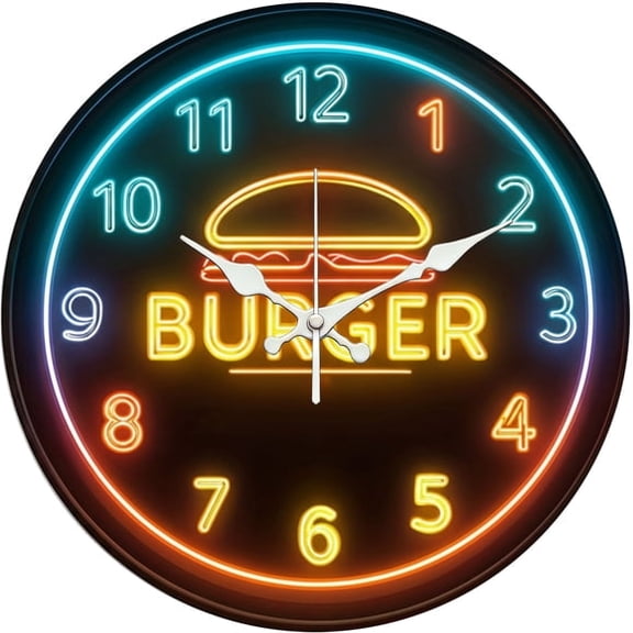SBEMP10 Inch Silent Wall Clock, Burger Neon Retro Decorative Wall Clock, Battery Operated Non-Ticking Round Clock for Living Room Kitchen Diner Home Decor