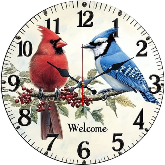 SBEMP10 Inch Silent Wall Clock, Cardinal Blue Jay Welcome Decorative Wall Clock, Battery Operated Non-Ticking Round Clock for Living Room Bedroom Farmhouse Home Decor