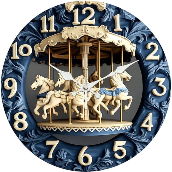 SBEMP10 Inch Silent Wall Clock, Carousel Relief Decorative Wall Clock, Battery Operated Non-Ticking Round Clock for Living Room Bedroom Nursery Home Decor