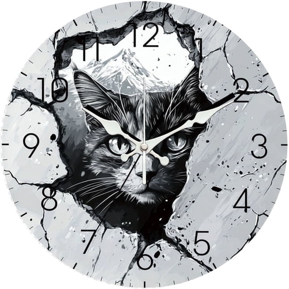 SBEMP10 Inch Silent Wall Clock, Cat Breaking Wall 3D Decorative Wall Clock, Battery Operated Non-Ticking Round Clock for Living Room Bedroom Fun Home Decor