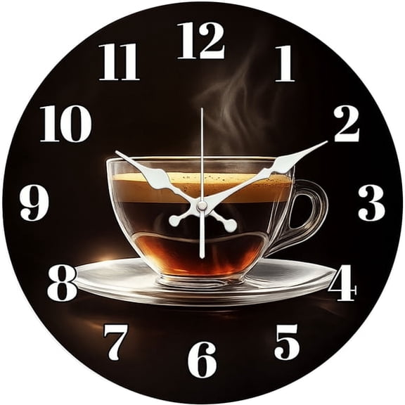 SBEMP10 Inch Silent Wall Clock, Coffee Cup Minimalist Decorative Wall Clock, Battery Operated Non-Ticking Round Clock for Living Room Kitchen Coffee Lover Home Decor