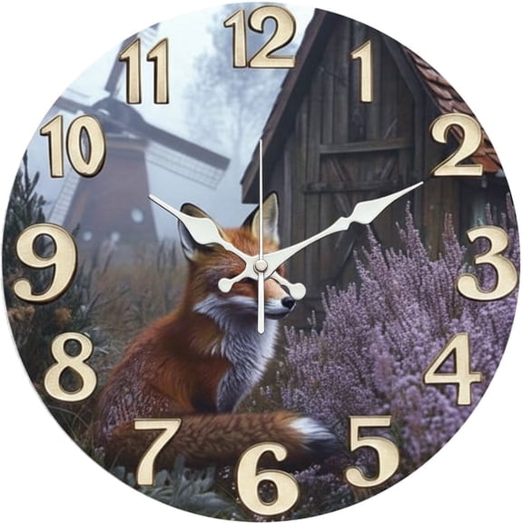 SBEMP10 Inch Silent Wall Clock, Country Fox Windmill Barn Decorative Wall Clock, Battery Operated Non-Ticking Round Clock for Living Room Bedroom Rustic Home Decor