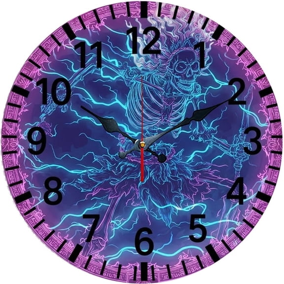 SBEMP10 Inch Silent Wall Clock, Cyber Skeleton Lightning Decorative Wall Clock, Battery Operated Non-Ticking Round Clock for Living Room Bedroom Gothic Home Decor
