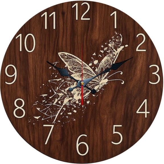 SBEMP10 Inch Silent Wall Clock, Dark Wood Butterfly Carving Decorative Wall Clock, Battery Operated Non-Ticking Round Clock for Living Room Bedroom Nature Home Decor