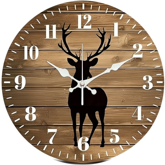 SBEMP10 Inch Silent Wall Clock, Deer Silhouette Wood Decorative Wall Clock, Battery Operated Non-Ticking Round Clock for Living Room Bedroom Hunting Home Decor