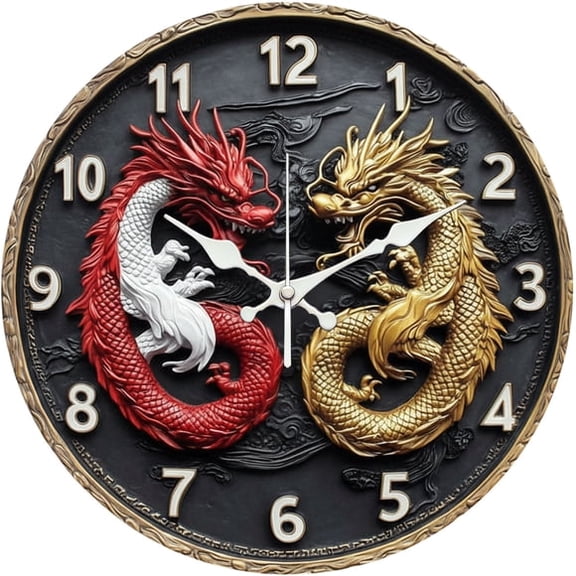 SBEMP10 Inch Silent Wall Clock, Double Dragon Yin Yang Relief Decorative Wall Clock, Battery Operated Non-Ticking Round Clock for Living Room Bedroom Oriental Home Decor