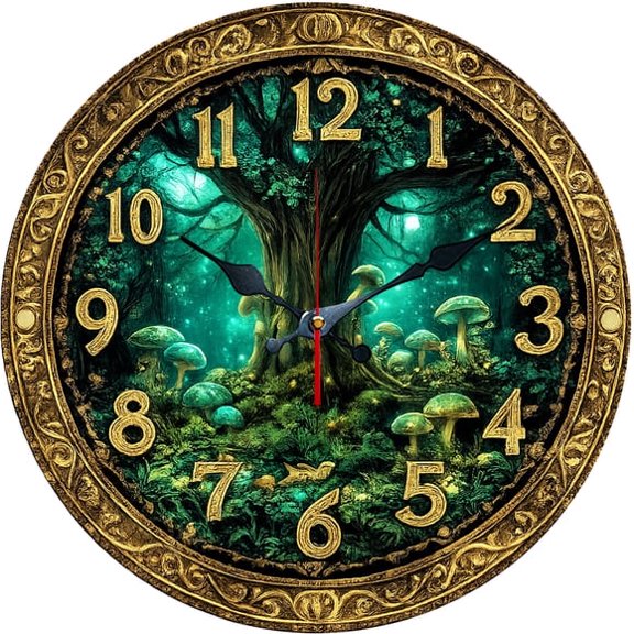 SBEMP10 Inch Silent Wall Clock, Enchanted Forest Mushroom Tree Decorative Wall Clock, Battery Operated Non-Ticking Round Clock for Living Room Bedroom Fairy Home Decor
