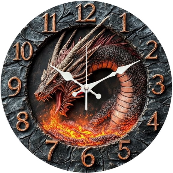SBEMP10 Inch Silent Wall Clock, Fire Dragon Rock Relief Decorative Wall Clock, Battery Operated Non-Ticking Round Clock for Living Room Bedroom Mythical Home Decor