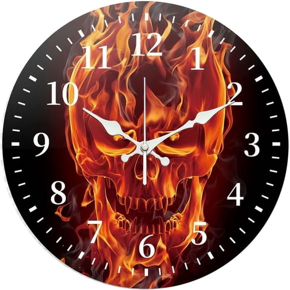 SBEMP10 Inch Silent Wall Clock, Flame Skull Gothic Decorative Wall Clock, Battery Operated Non-Ticking Round Clock for Living Room Bedroom Game Room Home Decor